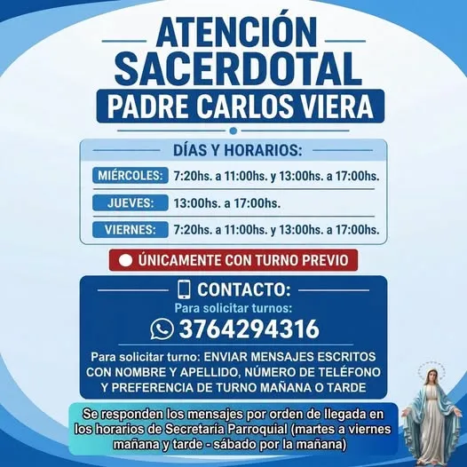 Atención Sacerdotal: Informan Días, Horarios y Modalidad para Turnos con el Padre Carlos Viera