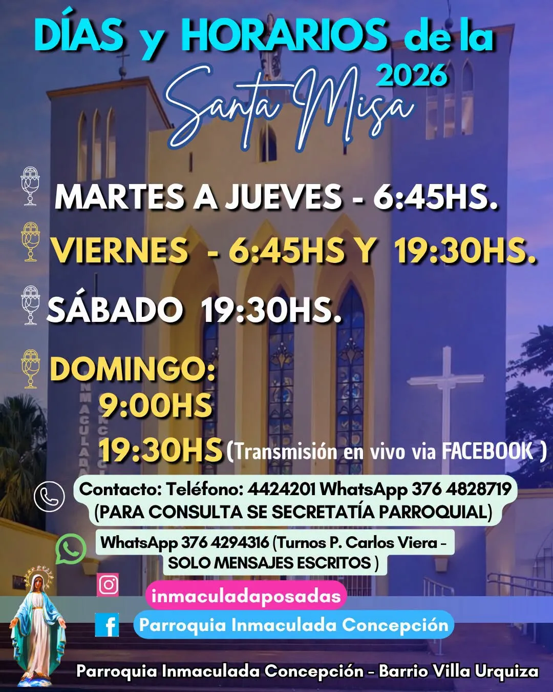 Parroquia Inmaculada Concepción: Informan los Días y Horarios Generales de la Santa Misa