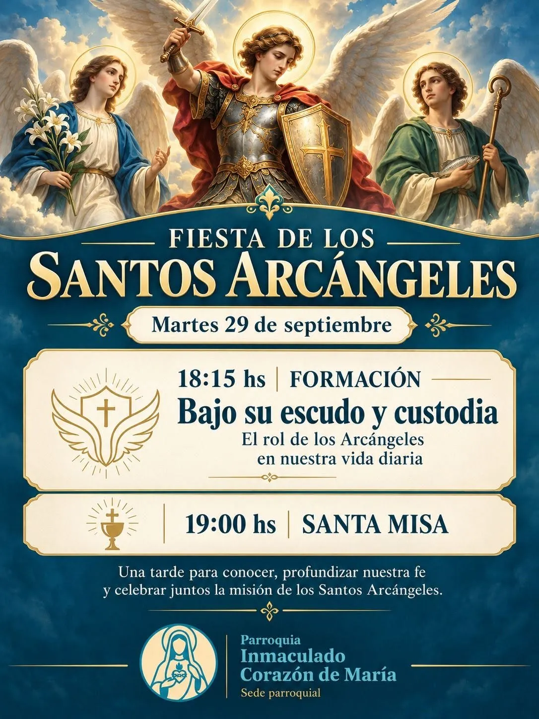 Fiesta de los Santos Arcángeles: Invitan a Charla de Formación y Santa Misa en el Inmaculado Corazón de María