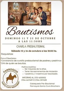 Parroquia Santo Cura Brochero: Informan Fechas, Charlas y Requisitos para Bautismos en Octubre