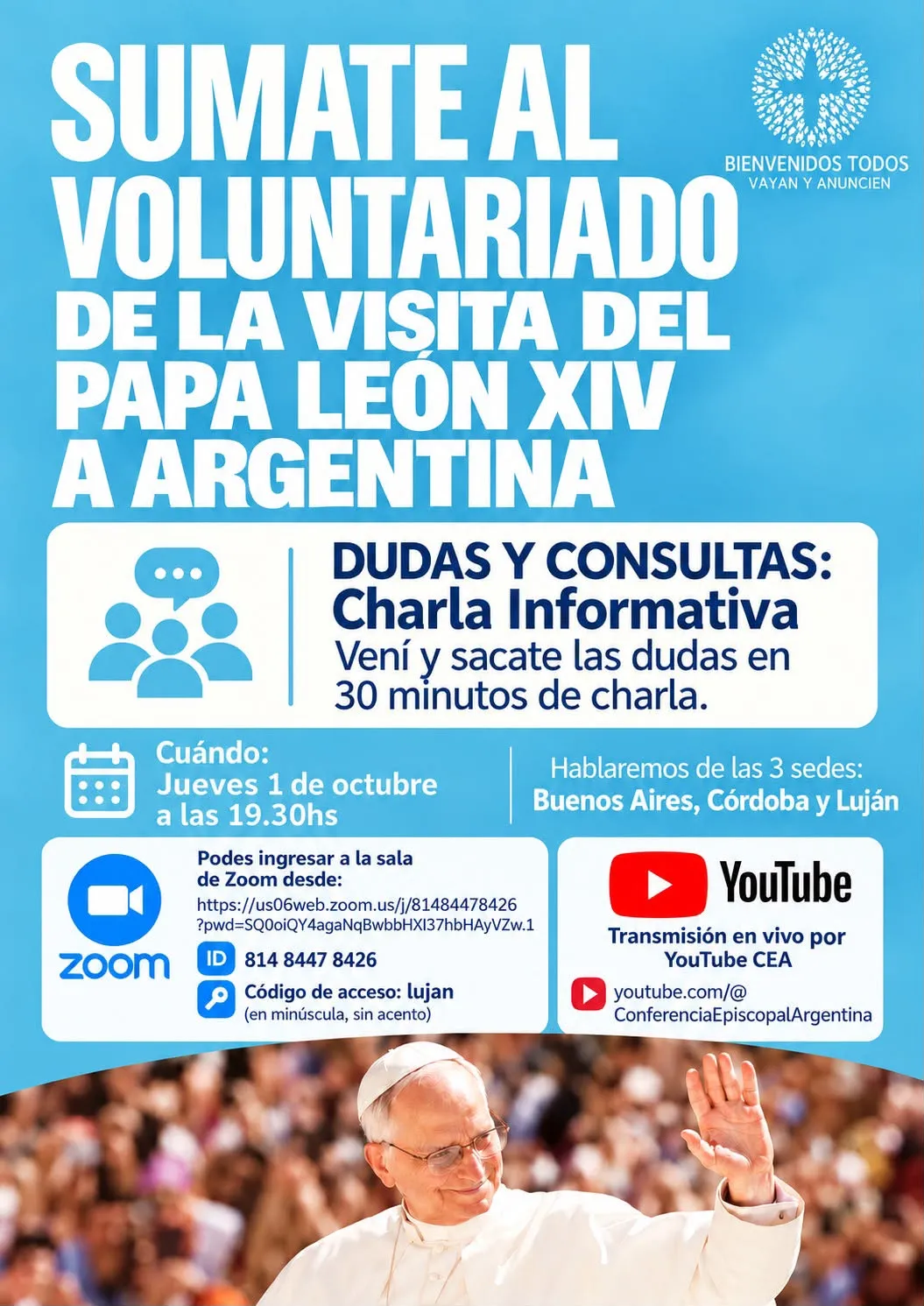 Convocatoria de Voluntariado: Charla Informativa sobre la Visita del Papa León XIV a Argentina